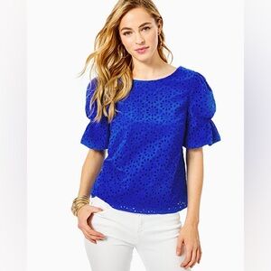 NWT Lilly Pulitzer Shaila Top in Baha Blue Neon Sunburst Eyelet